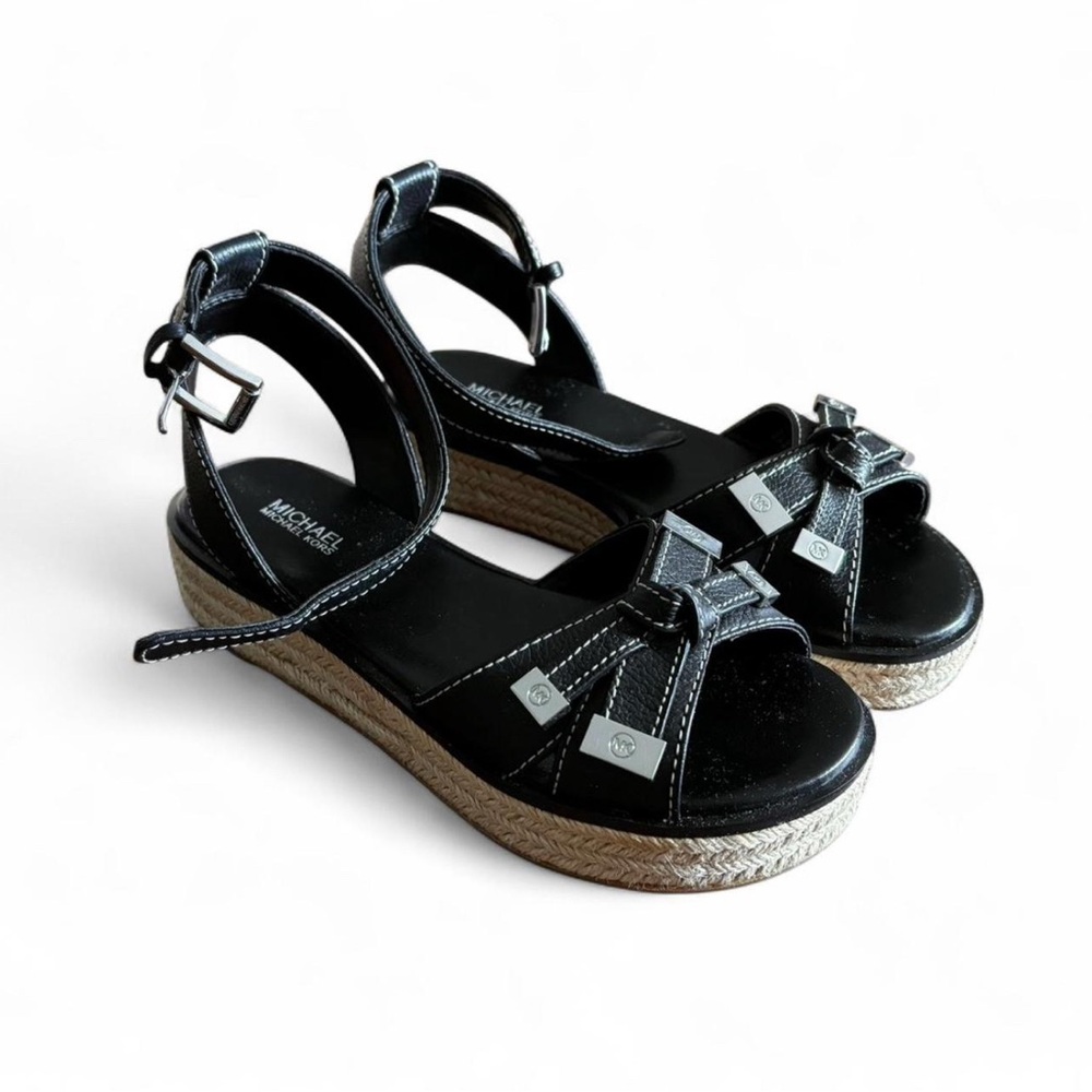 Michael Kors Black Leather Bow Platform Sandals Espadrille Size 6